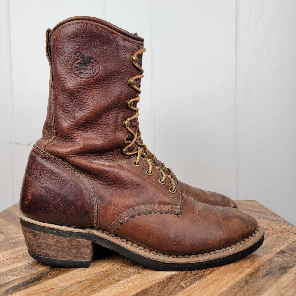 Georgia Boot 8m Usa Brown Leather Lace Up Kiltie Western Trucker Farm Boots